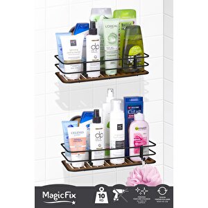 Siyah Ahşap Desenli Magic Fix Sihirli Yapışkan Twix Banyo Rafı 2 Adet- 13x30cm