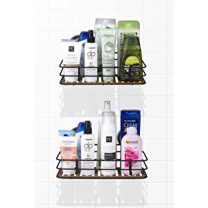 Siyah Ahşap Desenli Magic Fix Sihirli Yapışkan Twix Banyo Rafı 2 Adet- 13x30cm