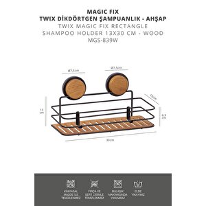 Okyanus Home Siyah Ahşap Desenli Magic Fix Sihirli Yapışkan Twix Banyo Rafı 2 Adet- 13x30cm