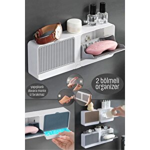2 Bölmeli Su Tutmaz Katı Sabunluk Güçlü Yapışkanlı Duvara Monte Kapaklı Mutfak Banyo Organizeri