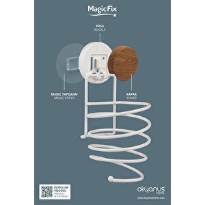 Ahşap Desenli Magic Fix Sihirli Yapışkan Beyaz Saç Kurutma Makine Askısı