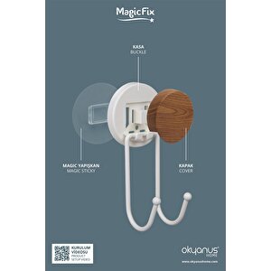 Ahşap Desenli Magic Fix Sihirli Yapışkan Beyaz İkili Askı