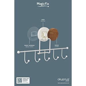 Okyanus Home Ahşap Desenli Magic Fix Sihirli Yapışkan Beyaz 5'li Askı