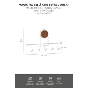 Okyanus Home Ahşap Desenli Magic Fix Sihirli Yapışkan Beyaz 5'li Askı