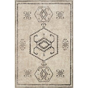 Carnival Bej Halı Etnik Desen Otantik Halı Şönil Yıkanabilir Eskitme vintage mutfak Halısı 140x190 cm