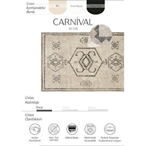 Carnival Bej Halı Etnik Desen Otantik Halı Şönil Yıkanabilir Eskitme vintage mutfak Halısı 140x190 cm