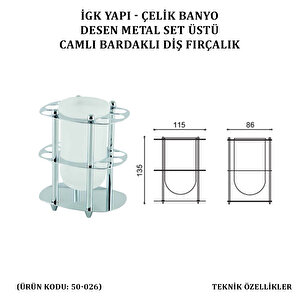 İgk Yapi - Çelik Banyo Desen Metal Set Üstü Camlı Bardaklı Fırçalık (50-026)