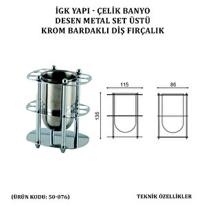 İgk Yapi - Çelik Banyo Desen Metal Set Üstü Krom Bardaklı Fırçalık (50-076)