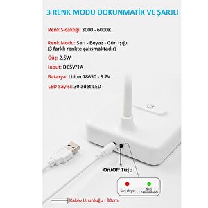 Ledli Dokunmatik Masa Lambası 3 Kademeli Akrobat Şarjlı Ve Usb Masa Lambası Katlanabilir 30 Ledli Ma