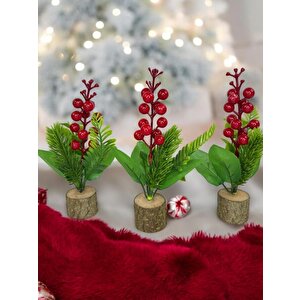 3lü Set Yapay Çiçek Yılbaşı Çiçeği Kokinalı Kütük Saksılı Dekoratif Süs 20cm