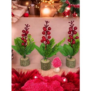 3lü Set Yapay Çiçek Yılbaşı Çiçeği Kokinalı Kütük Saksılı Dekoratif Süs 20cm