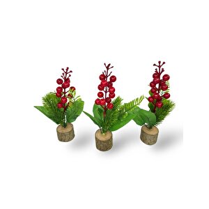 3lü Set Yapay Çiçek Yılbaşı Çiçeği Kokinalı Kütük Saksılı Dekoratif Süs 20cm