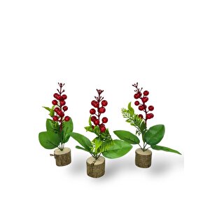 3lü Set Yapay Çiçek Yılbaşı Çiçeği Kokinalı Kütük Saksılı Dekoratif Süs 20cm