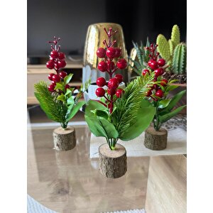 3lü Set Yapay Çiçek Yılbaşı Çiçeği Kokinalı Kütük Saksılı Dekoratif Süs 20cm