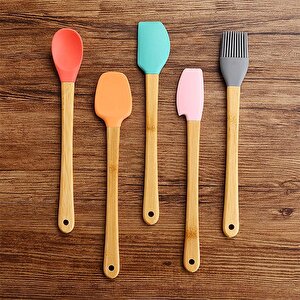 Bambu Silikon Pasta Seti 23 Cm Mini Ahşap 5 Parça Yapışmaz Pasta Spatula Seti