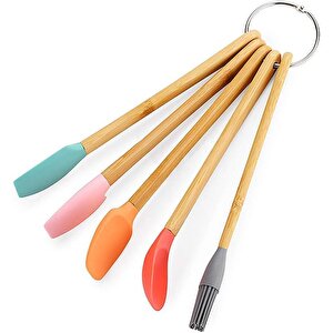 Bambu Silikon Pasta Seti 23 Cm Mini Ahşap 5 Parça Yapışmaz Pasta Spatula Seti