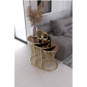 Hasır 3'lü Zigon Sehpa Gold Ayak Bronz Ayna