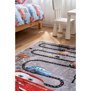 Şimşek Mcqueen Yol Desenli Makinede Yıkanabilir Kaymaz Taban Leke Tutmaz Antialerjik Çocuk Odası Halısı, Gri, 120 X 160 Gri