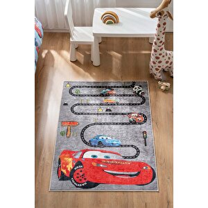 Şimşek Mcqueen Yol Desenli Makinede Yıkanabilir Kaymaz Taban Leke Tutmaz Antialerjik Çocuk Odası Halısı, Gri, 100 X 150 Gri