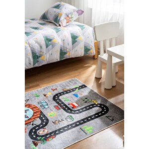 Animalway Makinede Yıkanabilir Kaymaz Taban Leke Tutmaz Antialerjik Çocuk Odası Halısı, Gri, 120 X 160 Gri