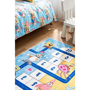 Sünger Bob Makinede Yıkanabilir Kaymaz Taban Leke Tutmaz Antialerjik Çocuk Odası Halısı, Mavi Sarı, 120 X 160 0323 Açık Mavi