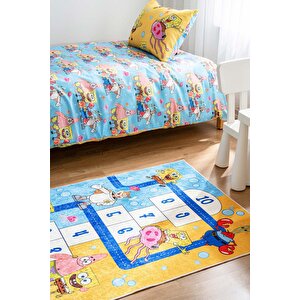 Sünger Bob Makinede Yıkanabilir Kaymaz Taban Leke Tutmaz Antialerjik Çocuk Odası Halısı, Mavi Sarı, 120 X 160 0323 Açık Mavi