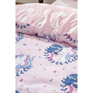 Unicornlu Kız Pembe Çift Taraflı Çocuk Nevresim Takımı Pamuklu