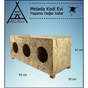 Melada Kedi Evi Dış Ortam Uygun 3'lü Ahşap Kedi Evi Osb 93x41x39 Cm