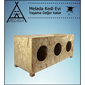 Melada Kedi Evi Dış Ortam Uygun 3'lü Ahşap Kedi Evi Osb 93x41x39 Cm