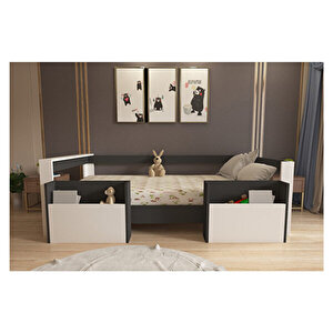 Montessori 90x190 Yatak Uyumlu Karyola M1-41 Antrasit Beyaz