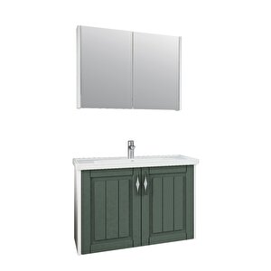 Lina Banyo Dolabı Seti 80 Cm, Koyu Yeşil, Lavabo Dahil, Lavabolu, Aynalı