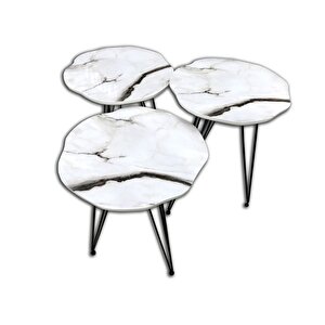 Zigon 13706 Papatya Model Metal  Beyaz V Ayak Ahşap Beyaz Mermer Tabla El Yapım