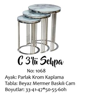 Brc Eko C 13382 Zigon Sehpa 3lü Beyaz Mermer Desen Metal Parlak Krom Ayak El Yapı