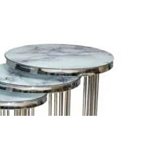 Brc Eko C 13382 Zigon Sehpa 3lü Beyaz Mermer Desen Metal Parlak Krom Ayak El Yapı