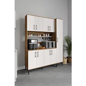 Plain Metal Ayak Metal Kulp Pla9155 Kahve Köşesi 9 Kapaklı Çok Amaçlı Dolap Erzak Dolabı Kiler Dolabı Saklama Dolabı Ekru Ceviz