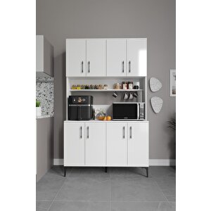 Plain Metal Ayak Metal Kulp Pla8120 Kahve Köşesi 8 Kapaklı Çok Amaçlı Dolap Erzak Dolabı Kiler Dolabı Saklama Dolabı Beyaz
