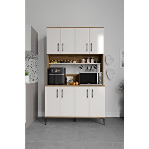 Plain Metal Ayak Metal Kulp Pla8120 Kahve Köşesi 8 Kapaklı Çok Amaçlı Dolap Erzak Dolabı Kiler Dolabı Saklama Dolabı Ekru Ceviz