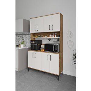 Plain Metal Ayak Metal Kulp Pla8120 Kahve Köşesi 8 Kapaklı Çok Amaçlı Dolap Erzak Dolabı Kiler Dolabı Saklama Dolabı Ekru Ceviz