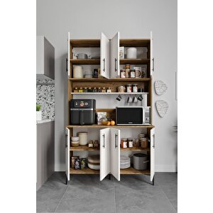 Plain Metal Ayak Metal Kulp Pla8120 Kahve Köşesi 8 Kapaklı Çok Amaçlı Dolap Erzak Dolabı Kiler Dolabı Saklama Dolabı Ekru Ceviz