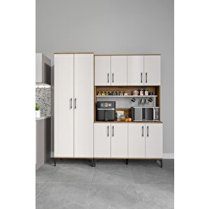 Plain Metal Ayak Metal Kulp Pla10190 Kahve Köşesi 10 Kapaklı Çok Amaçlı Dolap Erzak Dolabı Kiler Dolabı Saklama Dolabı Ekru Ceviz