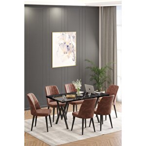 Will Siyah 80x140 Sabit Mutfak Masası Yemek Masası Masa Sandalye Takımı 6 Kahve Sandalye