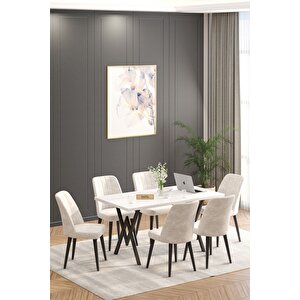 Will Beyaz 80x140 Sabit Mutfak Masası Yemek Masası Masa Sandalye Takımı 6 Krem Sandalye
