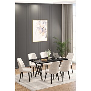 Will Siyah 80x140 Sabit Mutfak Masası Yemek Masası Masa Sandalye Takımı 6 Krem Sandalye