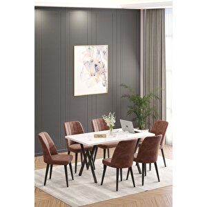 Will Beyaz 80x140 Sabit Mutfak Masası Yemek Masası Masa Sandalye Takımı 6 Kahve Sandalye