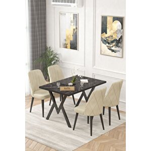 Maxi Siyah 70x120 Sabit Yemek Masası , Masa Sandalye Takımı , Baby Face Kumaş 4 Krem Sandalye