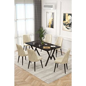 Rath Siyah 80x140 Sabit Yemek Masası , Masa Sandalye Takımı , Baby Face Kumaş 6 Krem Sandalye