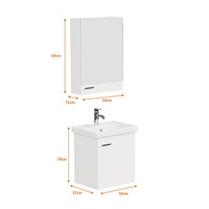 Aqua Bagno Basic Alt Dolap + Üst Dolap -lavabo Dahil-beyaz ,50 Cm. 3 Parça