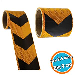 Sarı Siyah İşaretli Yönlendirme Reflektörlü Reflektif Şerit Bant 9 Cm İkaz Bandı Yapışkanlı  2.4 Mt