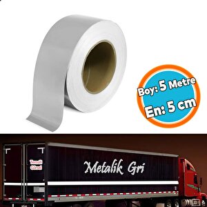 Metalize Gri Renk Düz Desensiz Reflektörlü Bant Gece Parlayan En 5 Cm 5 Mt İkaz Bandı Reflektif