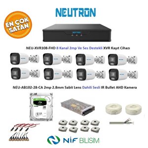 2mp 8 Kameralı Sesli Dış Ortam Ahd Full Kamera Seti 500gb Disk Neu-xvr108-fhd Neu-ab102-28-ca